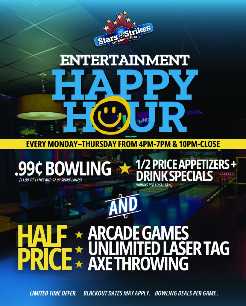 happy hour entertainment flyer for stars and strikes
