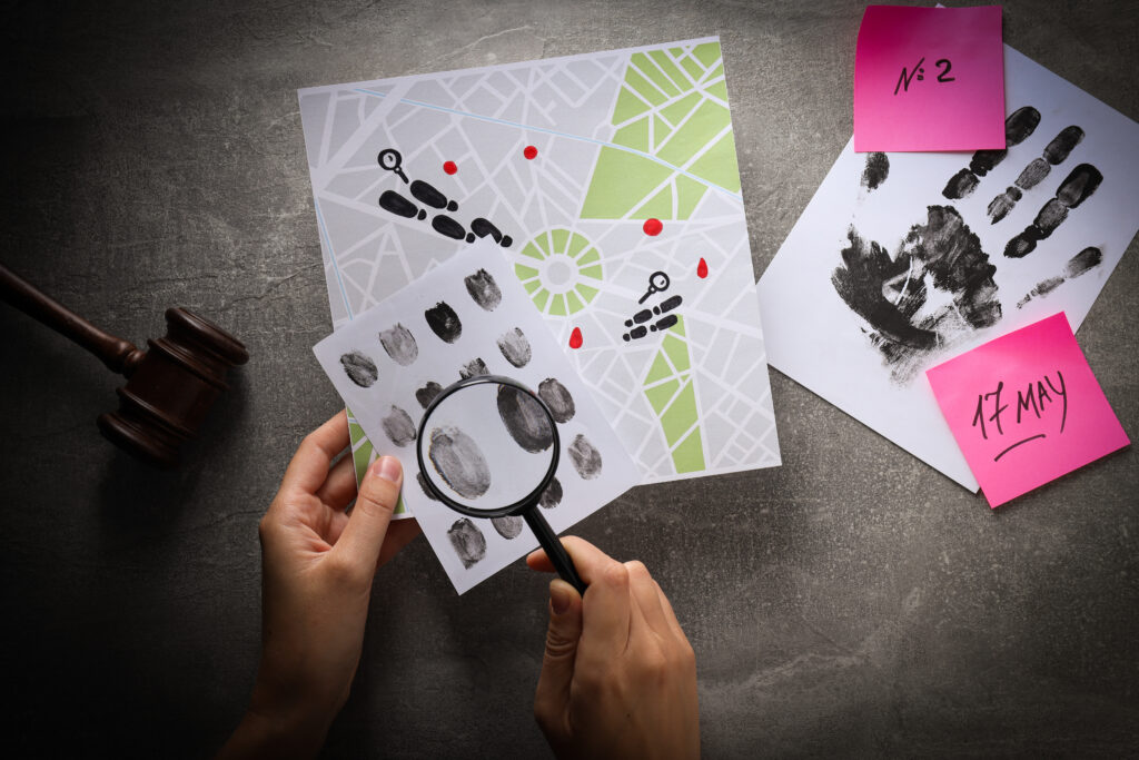 Hands examining fingerprint clues with a magnifying glass over a map, illustrating a detective-style escape room puzzle.