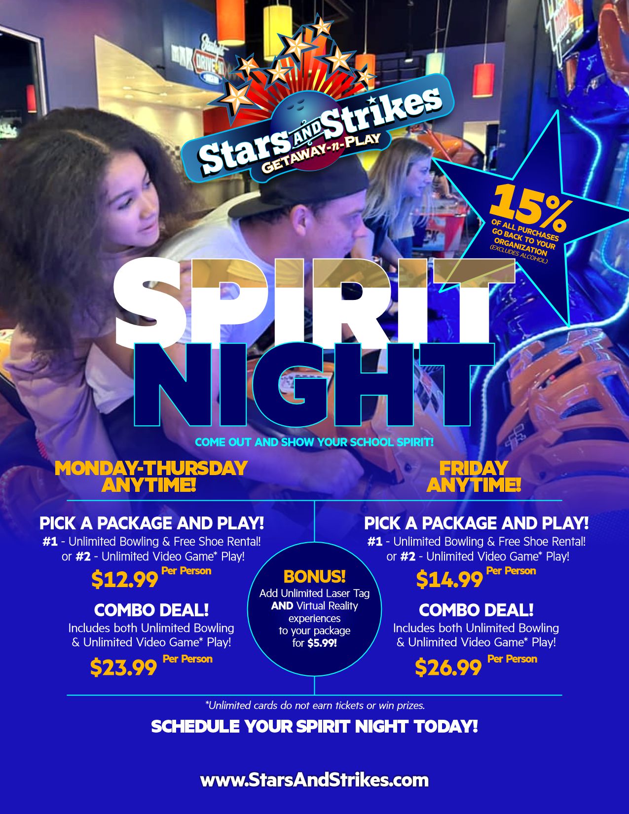 spirit night stars and strikes flyer